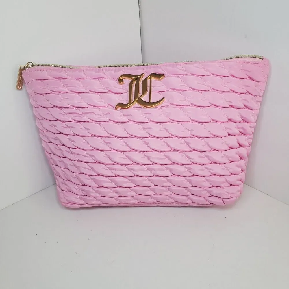 Juicy Couture Large Quilted Makeup Cosmetic Travel Zipper Bag Logo Baby Pink